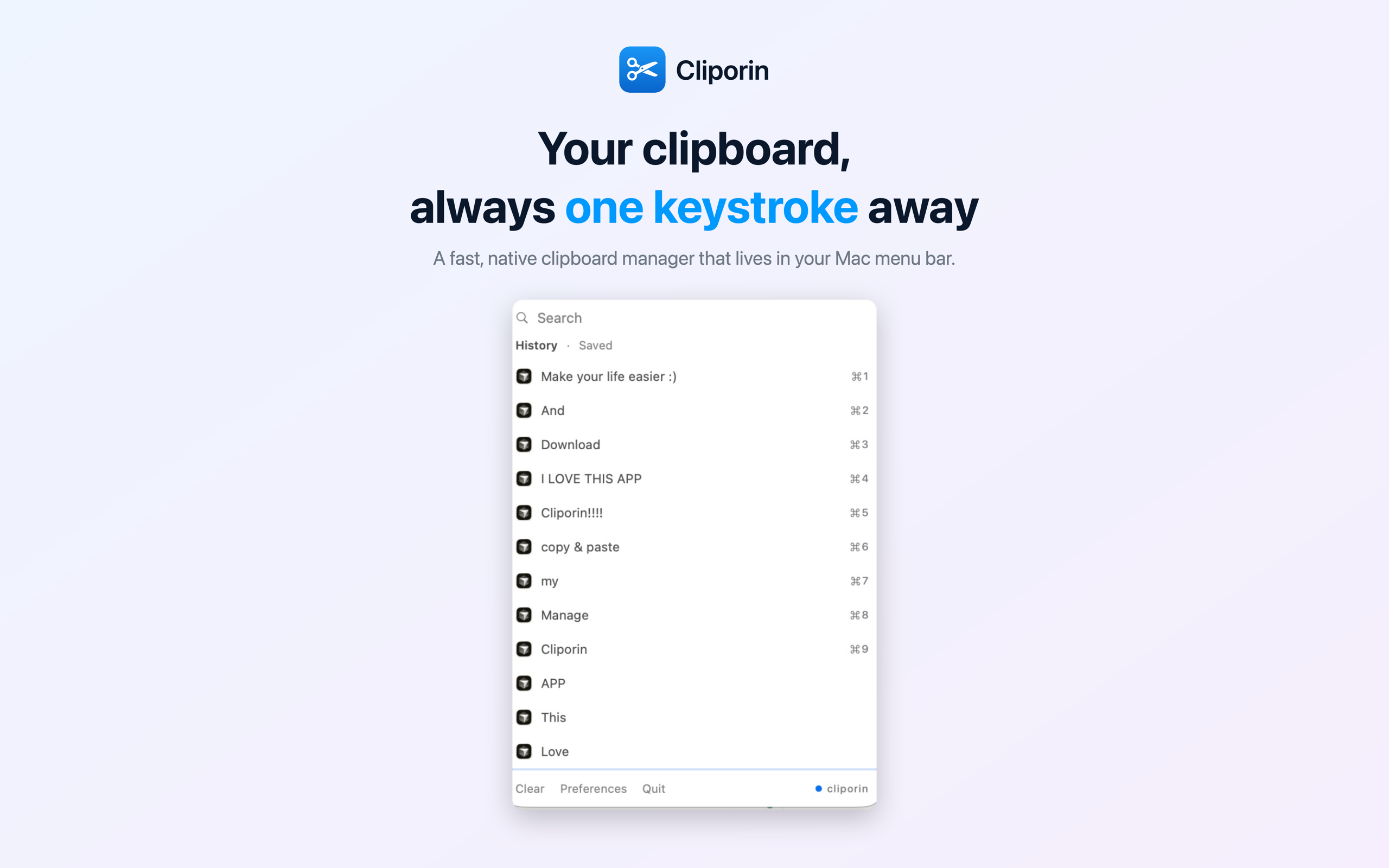 Cliporin showing clipboard history in the menu bar