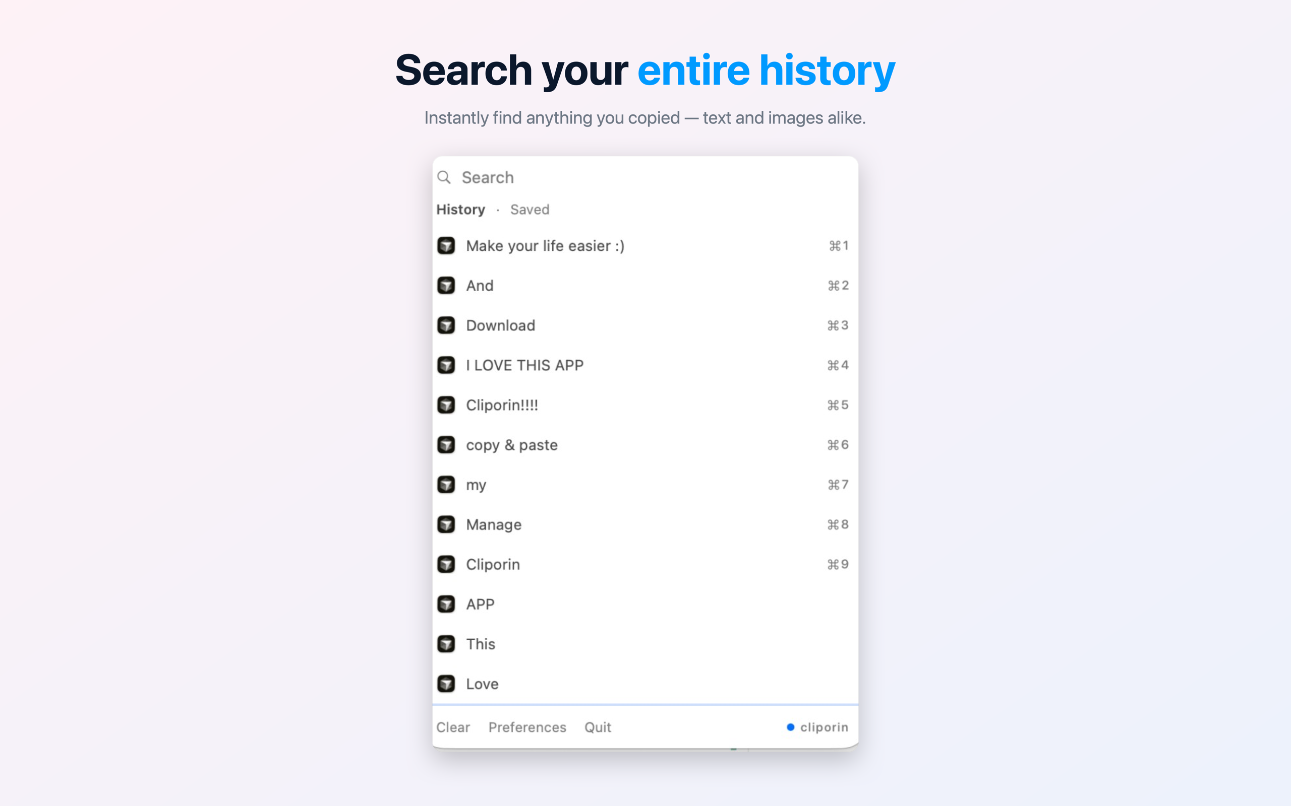 Clipboard history list